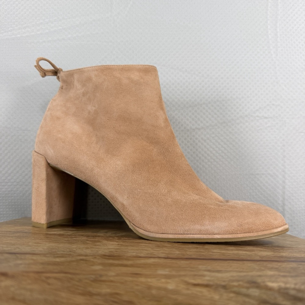 Stuart Weitzman Womens 10 M Pink Suede Block Heel Ankle Boots Tie Back Booties